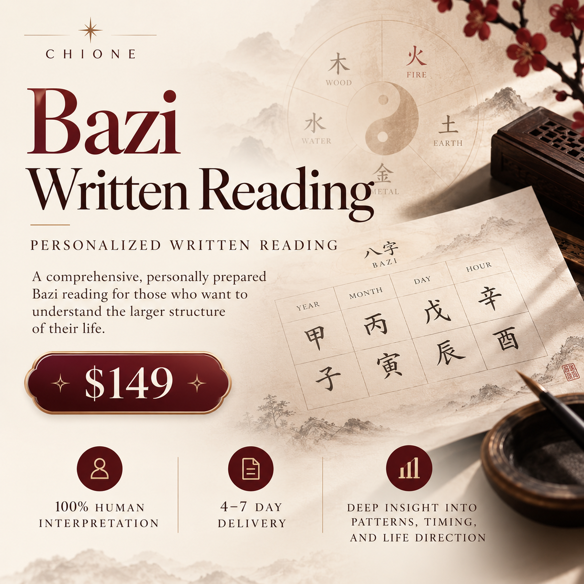 Personalized Bazi Four Pillars written reading with Eight Characters and Five Elements