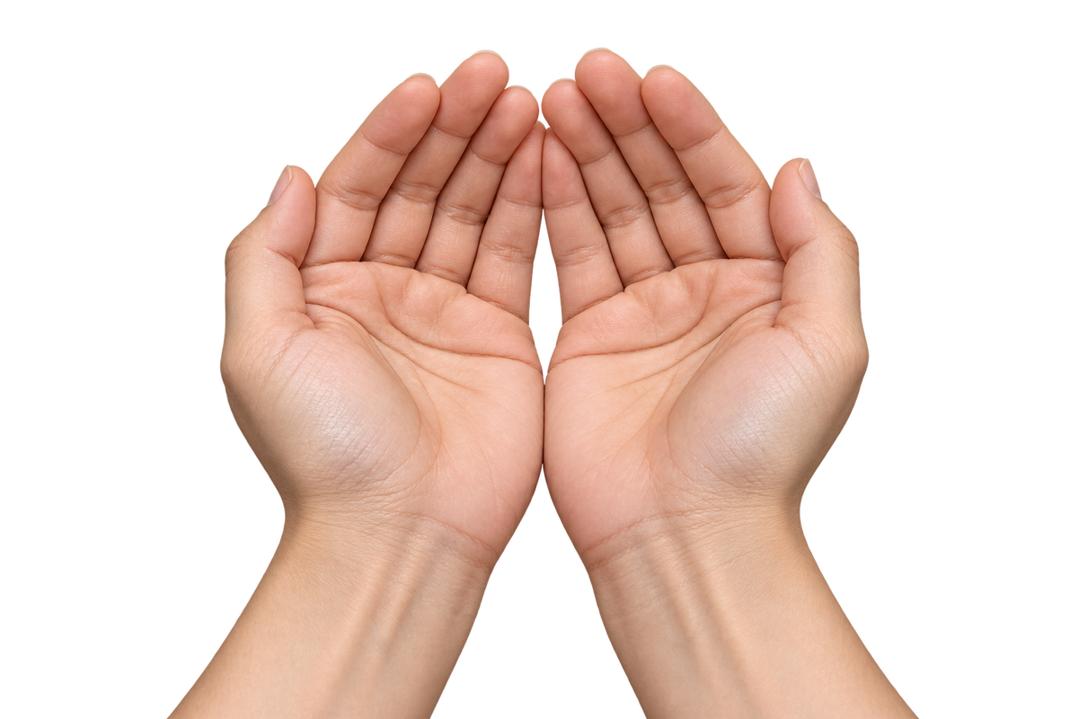 Hands holding three coins